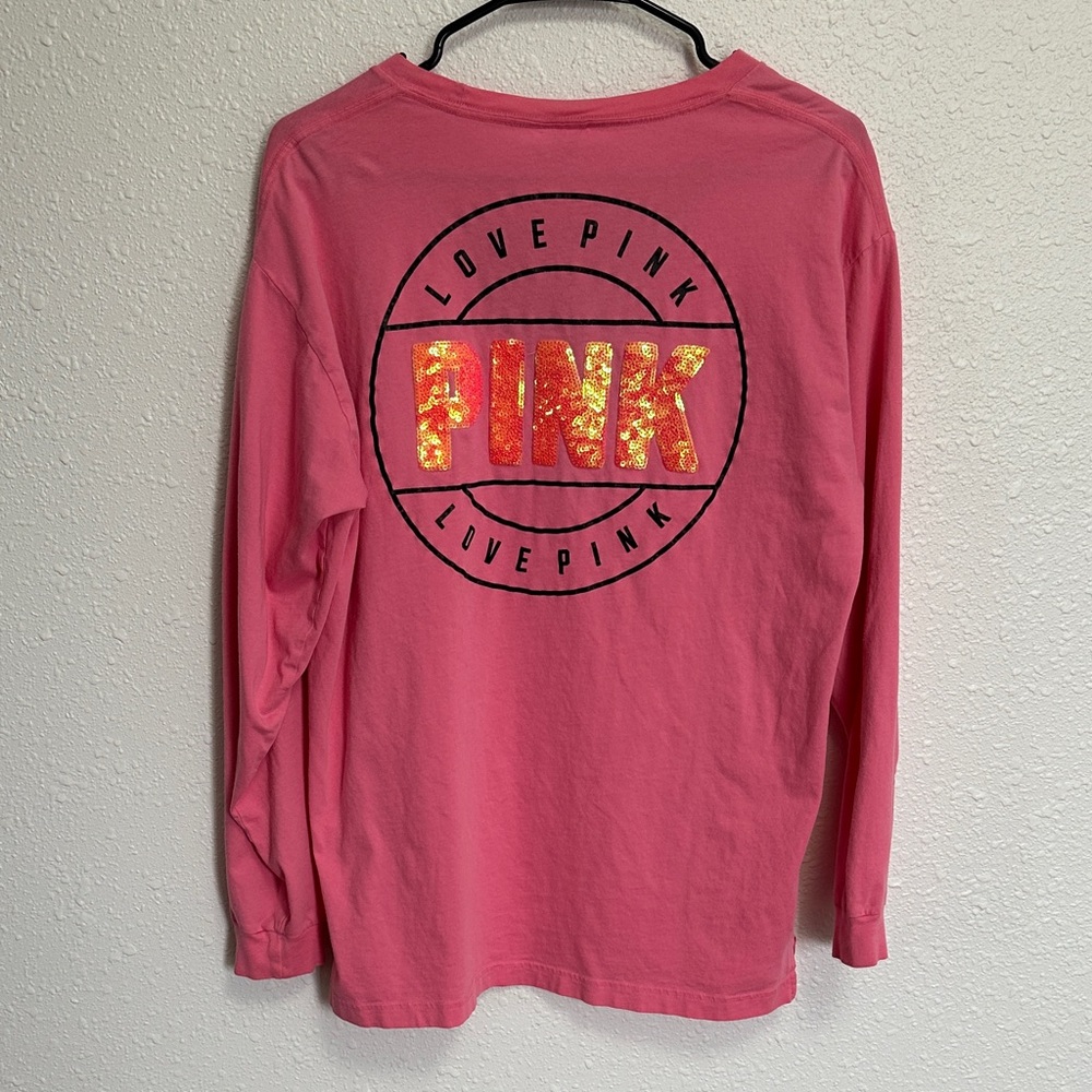 PINK Victoria's Secret Pink Long Sleeve Tee Black Mesh Detail Medium Oversized - Picture 5 of 13